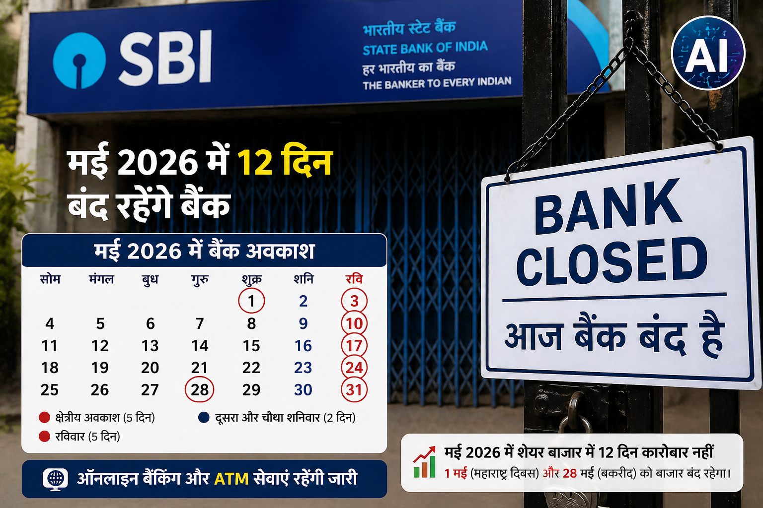मई 2026 में 12 दिन बैंक रहेंगे बंद, RBI कैलेंडर जारी—पहले ही दिन से छुट्टियों की शुरुआत